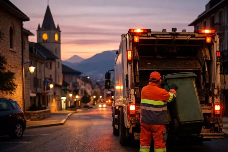 Camion poubelle avec un éboueur au matin